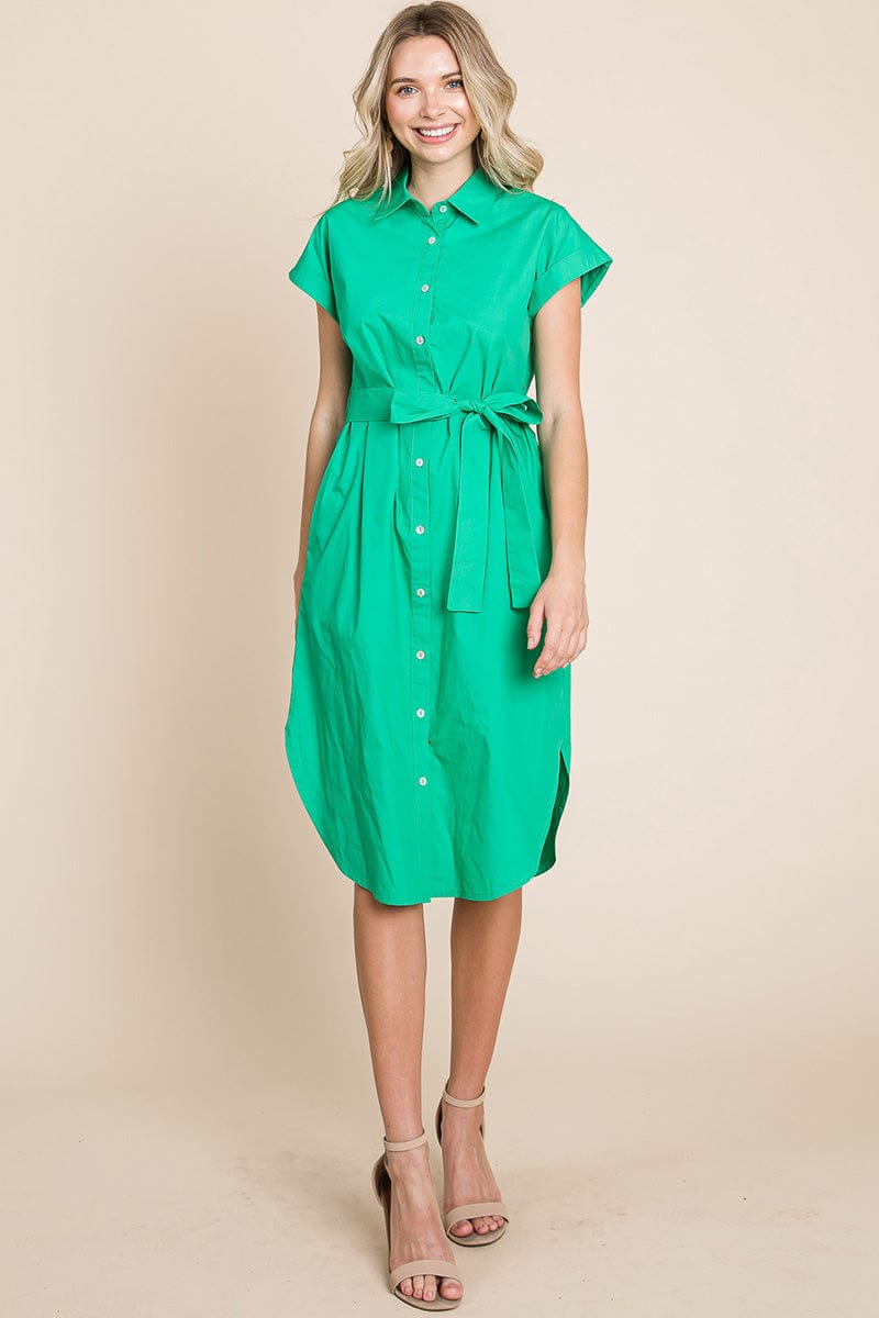 Button up Tie Waist Poplin Pocketed Shirt Dress