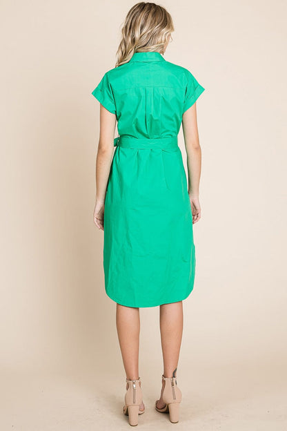 Button up Tie Waist Poplin Pocketed Shirt Dress