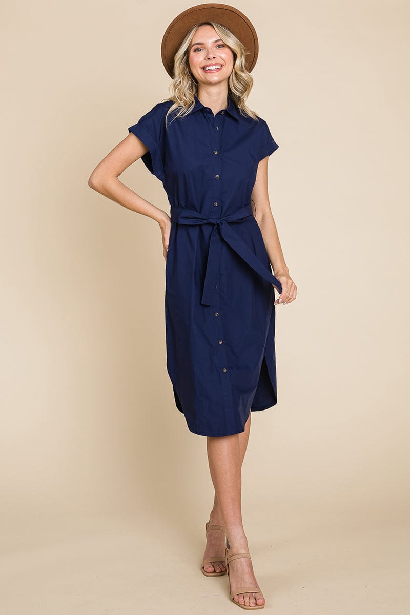 Button up Tie Waist Poplin Pocketed Shirt Dress