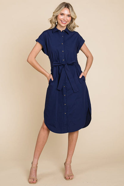 Button up Tie Waist Poplin Pocketed Shirt Dress