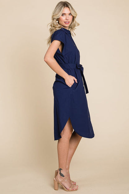 Button up Tie Waist Poplin Pocketed Shirt Dress