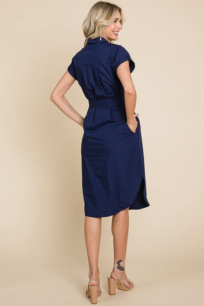 Button up Tie Waist Poplin Pocketed Shirt Dress