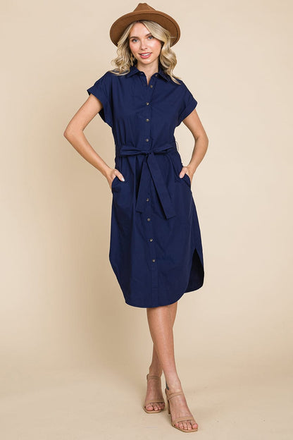 Button up Tie Waist Poplin Pocketed Shirt Dress