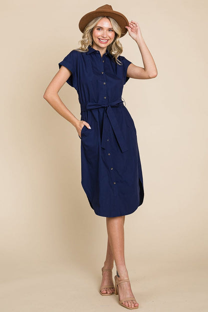 Button up Tie Waist Poplin Pocketed Shirt Dress