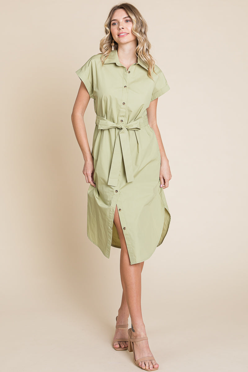 Button up Tie Waist Poplin Pocketed Shirt Dress