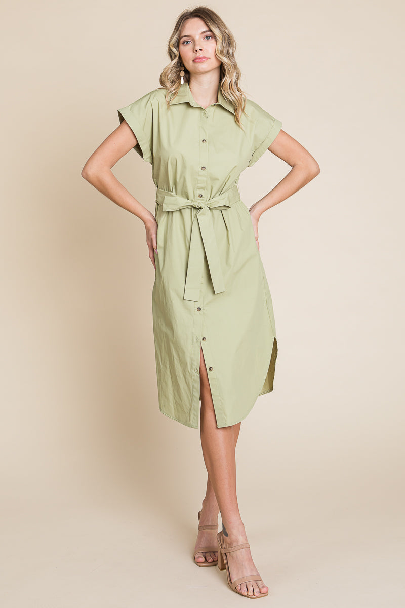 Button up Tie Waist Poplin Pocketed Shirt Dress