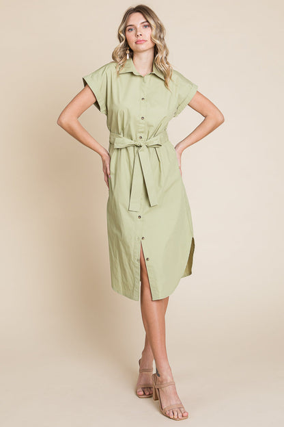 Button up Tie Waist Poplin Pocketed Shirt Dress