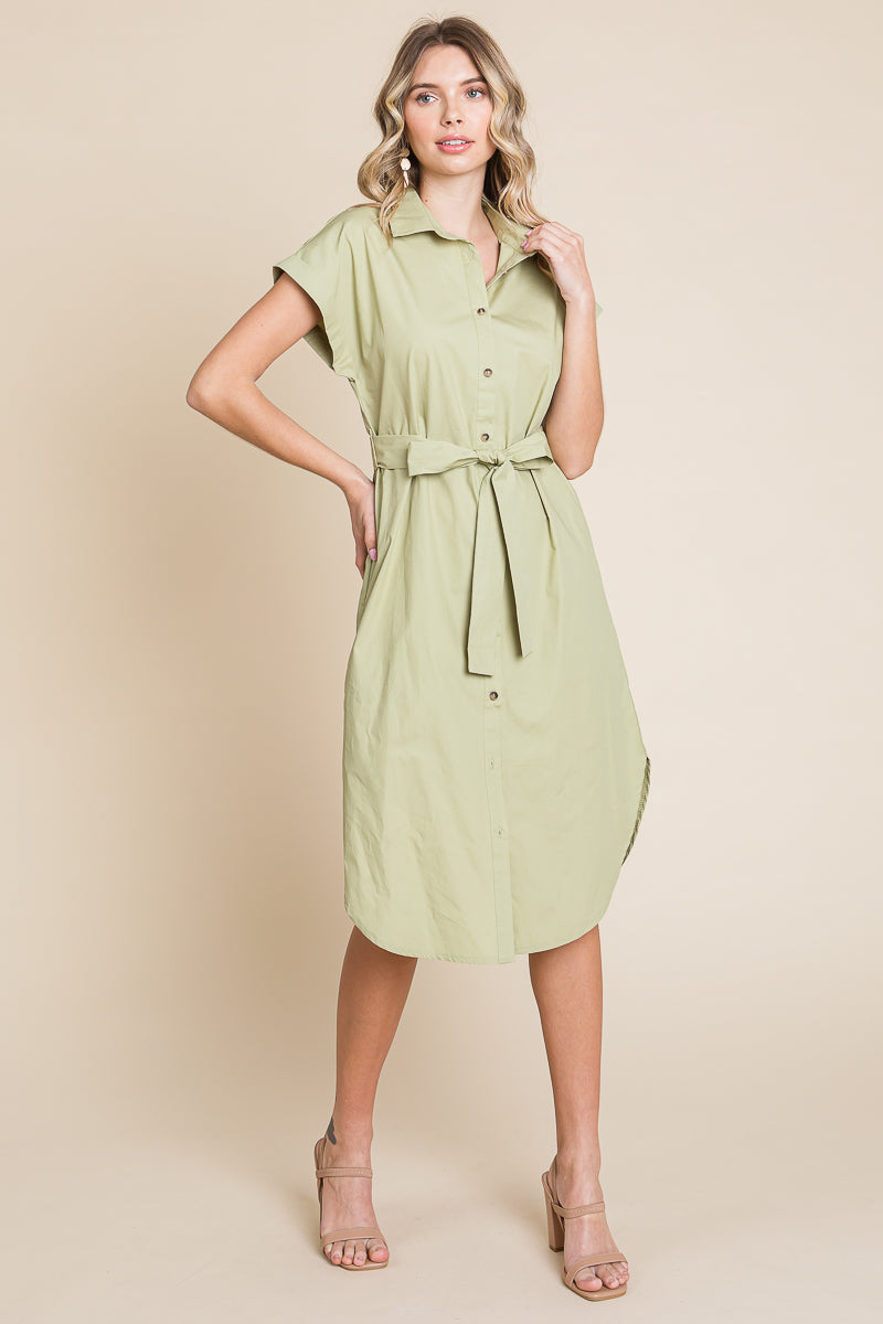 Button up Tie Waist Poplin Pocketed Shirt Dress