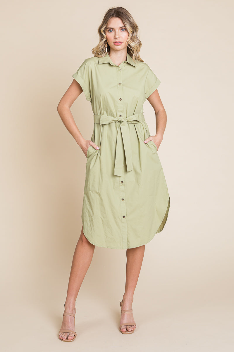 Button up Tie Waist Poplin Pocketed Shirt Dress