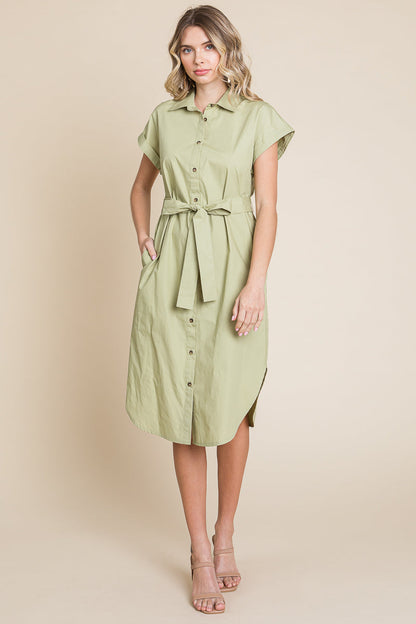 Button up Tie Waist Poplin Pocketed Shirt Dress
