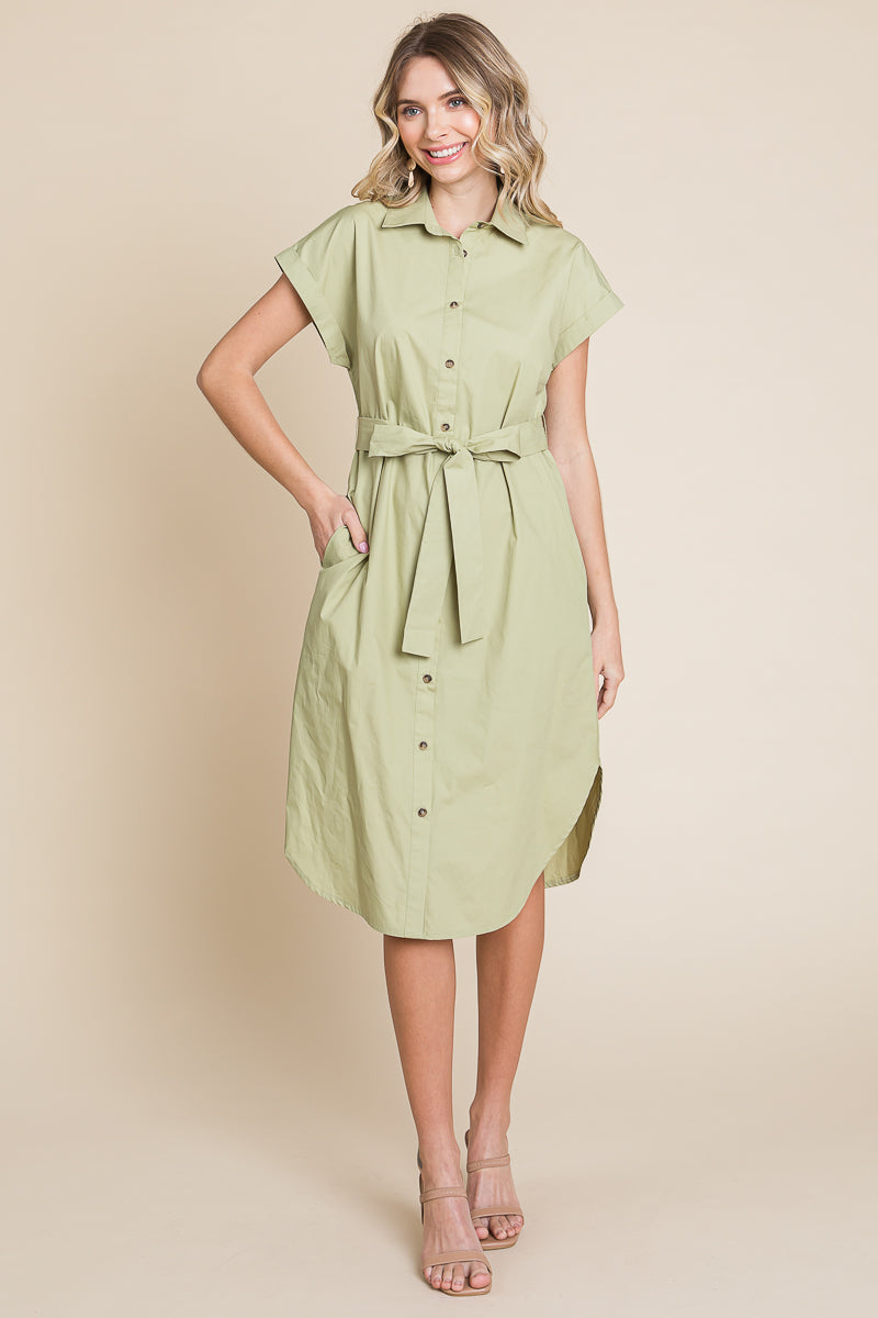 Button up Tie Waist Poplin Pocketed Shirt Dress