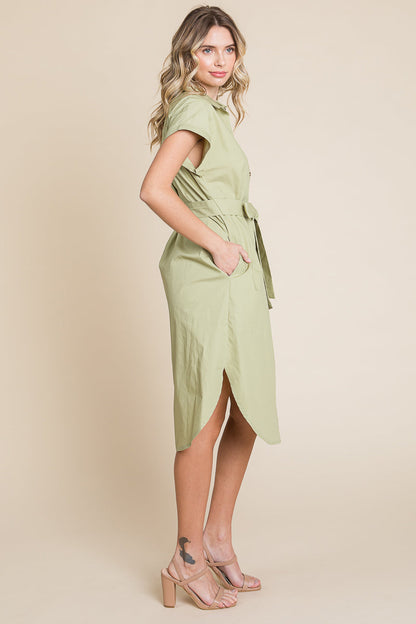 Button up Tie Waist Poplin Pocketed Shirt Dress
