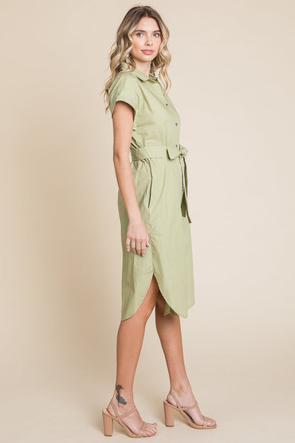 Button up Tie Waist Poplin Pocketed Shirt Dress