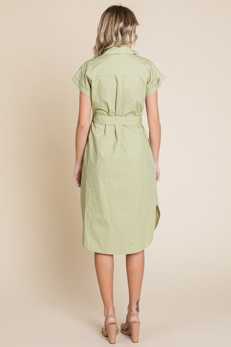 Button up Tie Waist Poplin Pocketed Shirt Dress