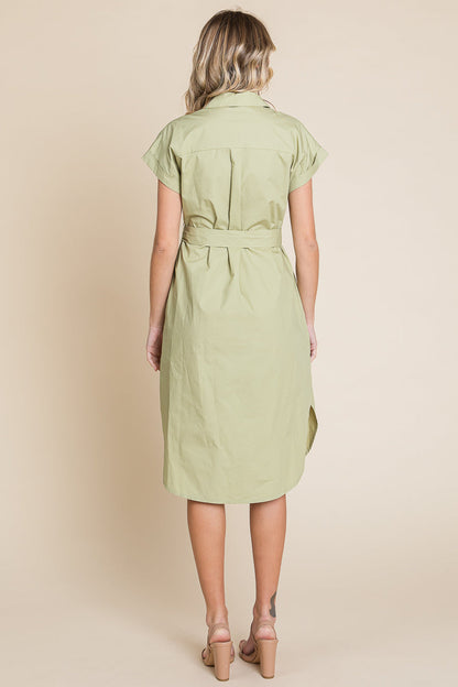 Button up Tie Waist Poplin Pocketed Shirt Dress