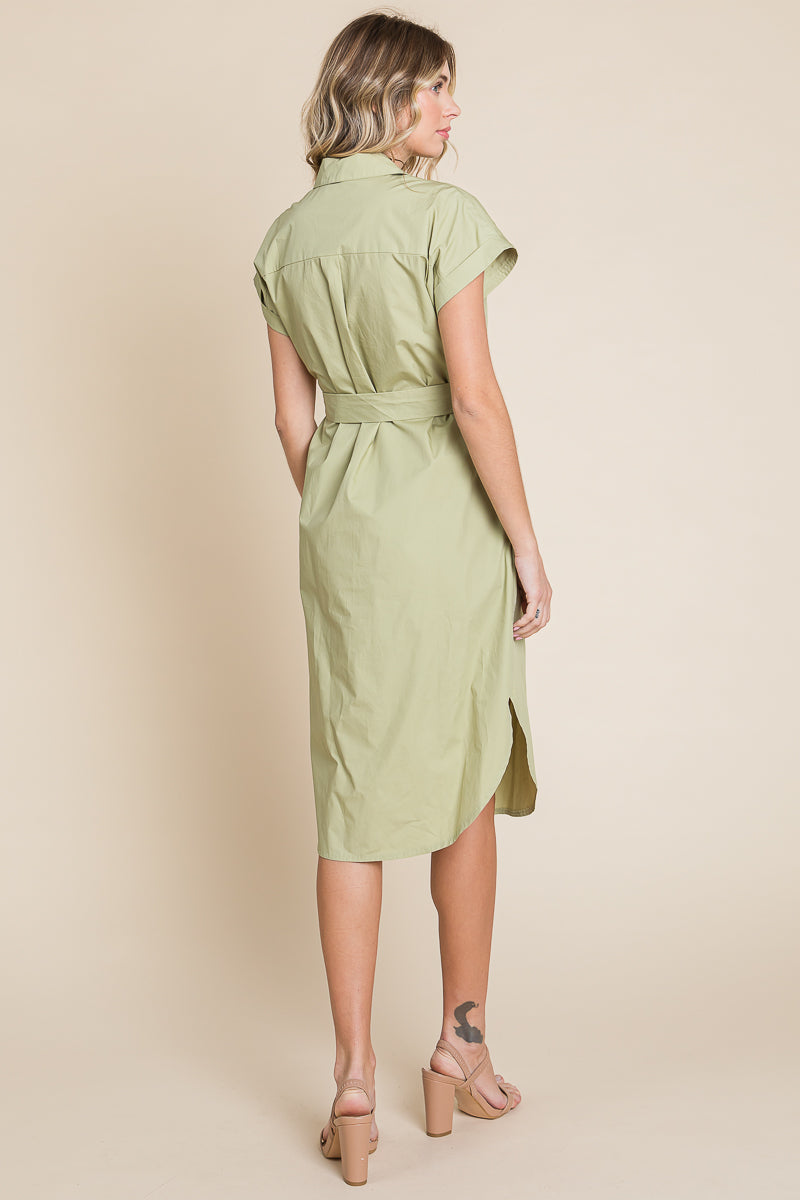 Button up Tie Waist Poplin Pocketed Shirt Dress