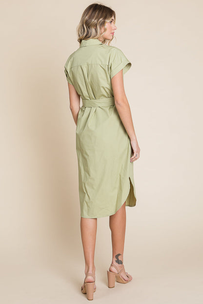 Button up Tie Waist Poplin Pocketed Shirt Dress