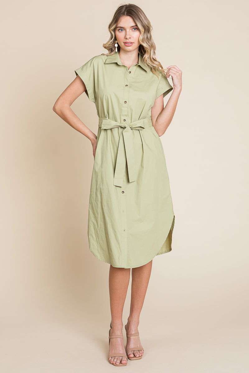 Button up Tie Waist Poplin Pocketed Shirt Dress
