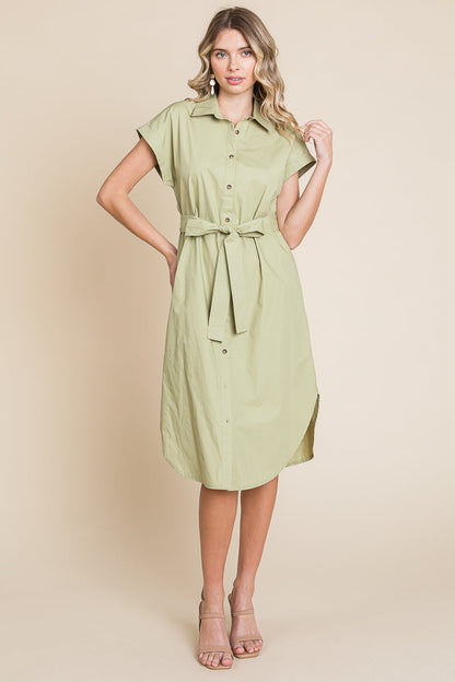 Button up Tie Waist Poplin Pocketed Shirt Dress