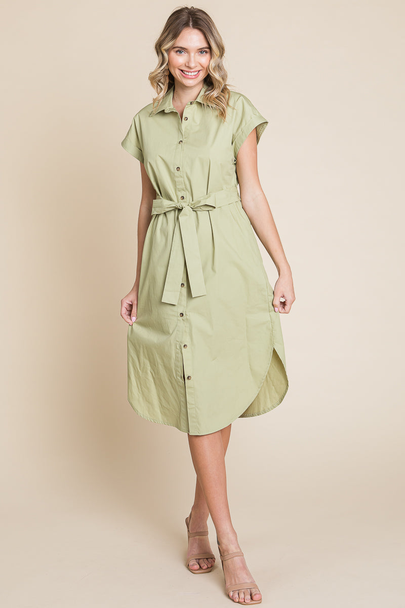 Button up Tie Waist Poplin Pocketed Shirt Dress