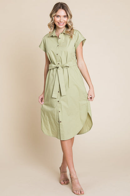 Button up Tie Waist Poplin Pocketed Shirt Dress