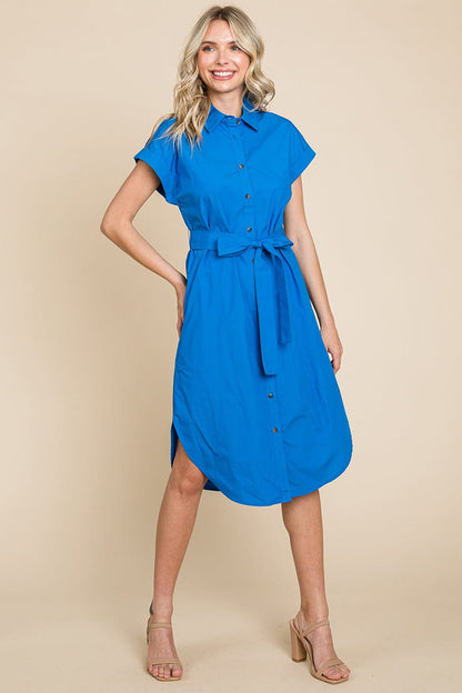 Button up Tie Waist Poplin Pocketed Shirt Dress