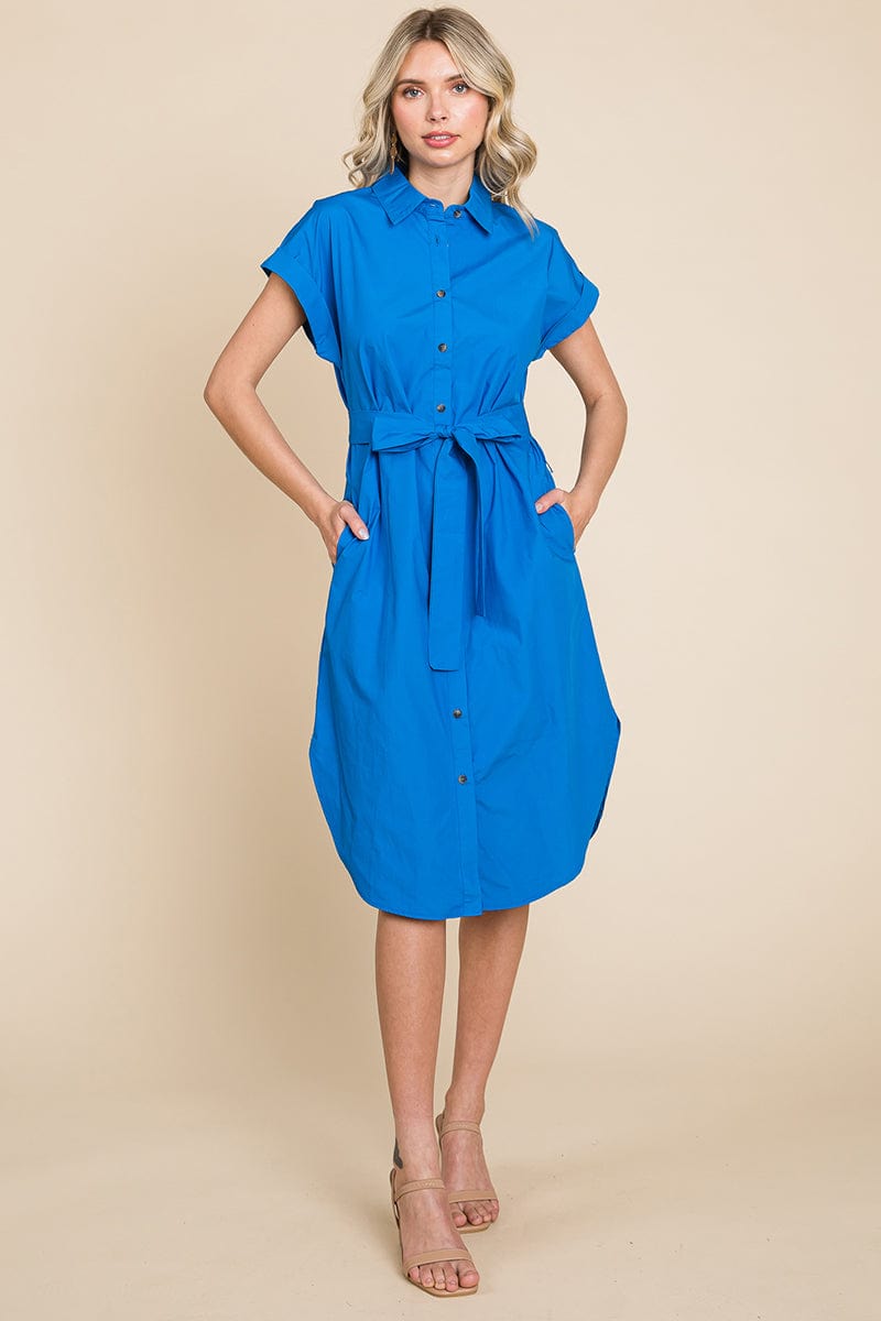 Button up Tie Waist Poplin Pocketed Shirt Dress