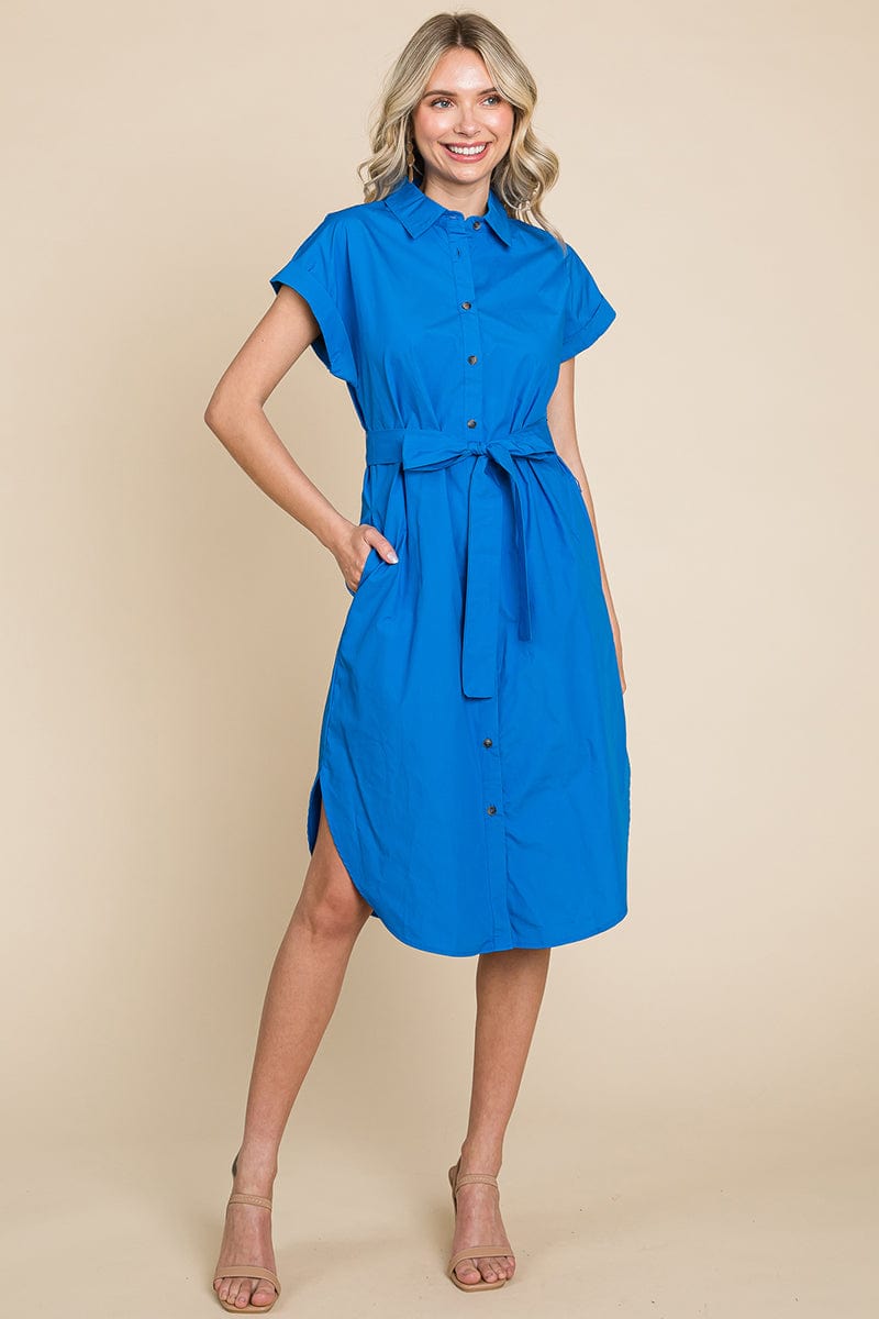 Button up Tie Waist Poplin Pocketed Shirt Dress