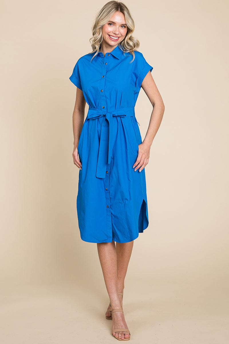 Button up Tie Waist Poplin Pocketed Shirt Dress