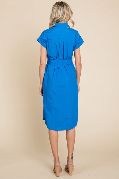 Button up Tie Waist Poplin Pocketed Shirt Dress