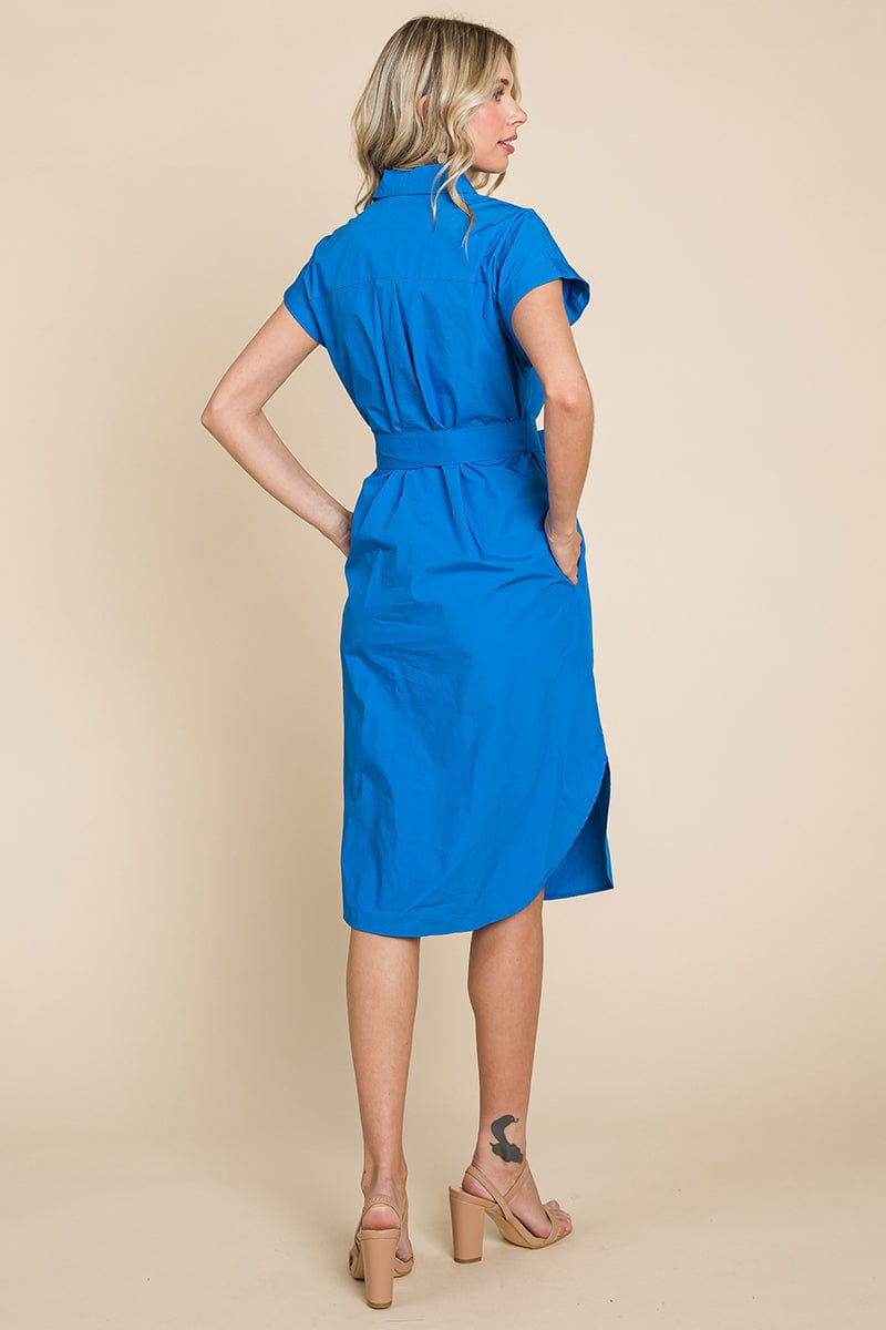 Button up Tie Waist Poplin Pocketed Shirt Dress
