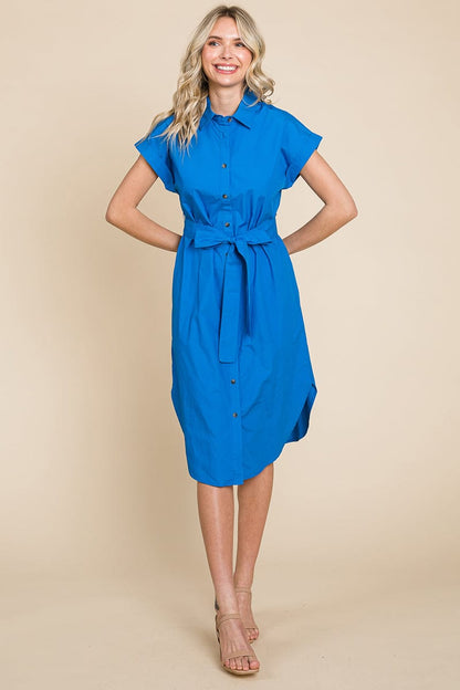 Button up Tie Waist Poplin Pocketed Shirt Dress