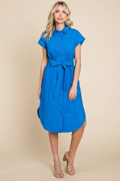Button up Tie Waist Poplin Pocketed Shirt Dress
