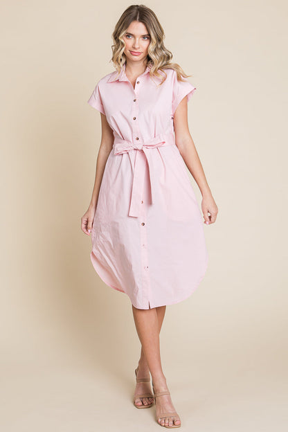 Button up Tie Waist Poplin Pocketed Shirt Dress