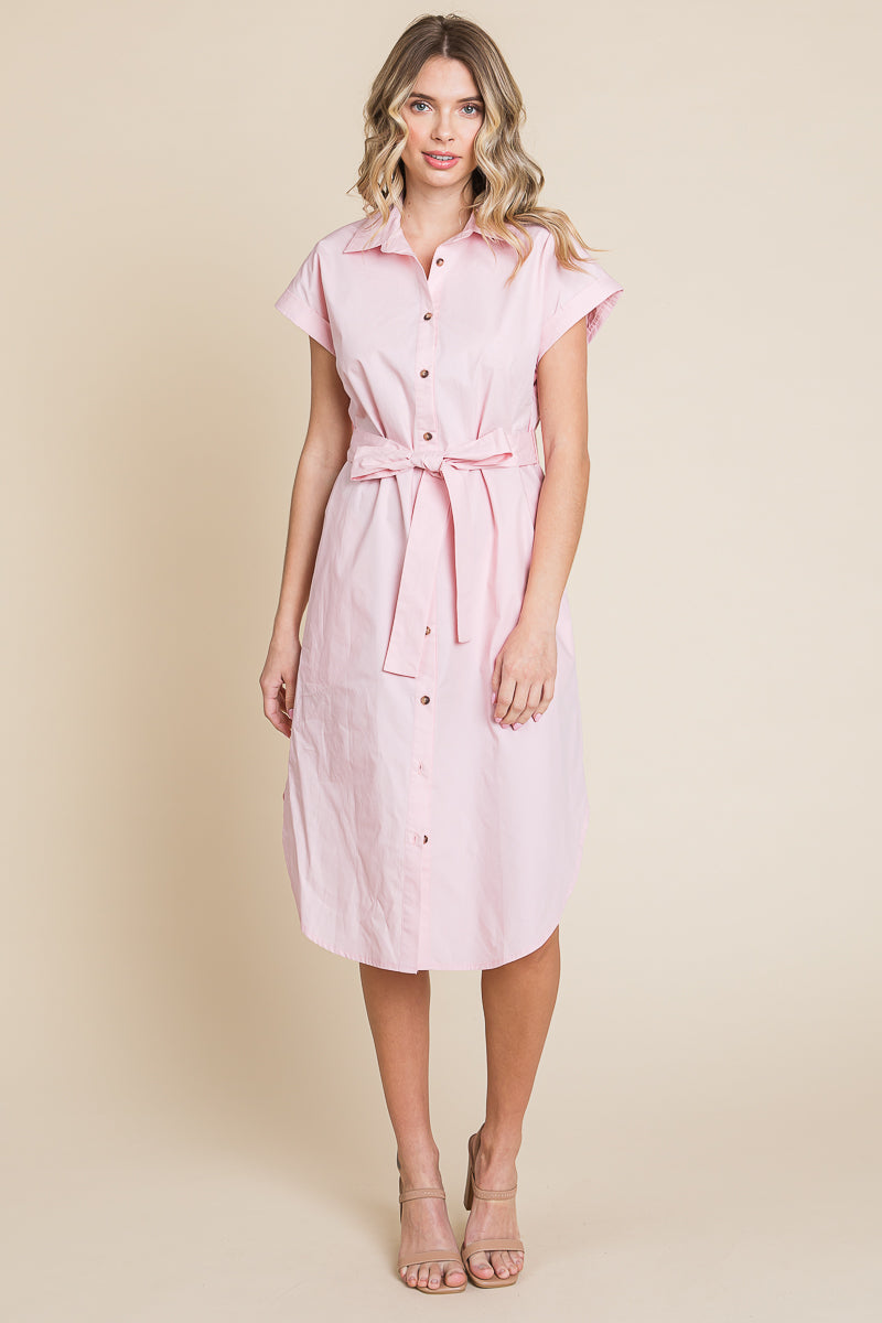 Button up Tie Waist Poplin Pocketed Shirt Dress