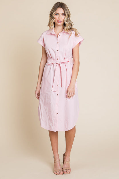 Button up Tie Waist Poplin Pocketed Shirt Dress