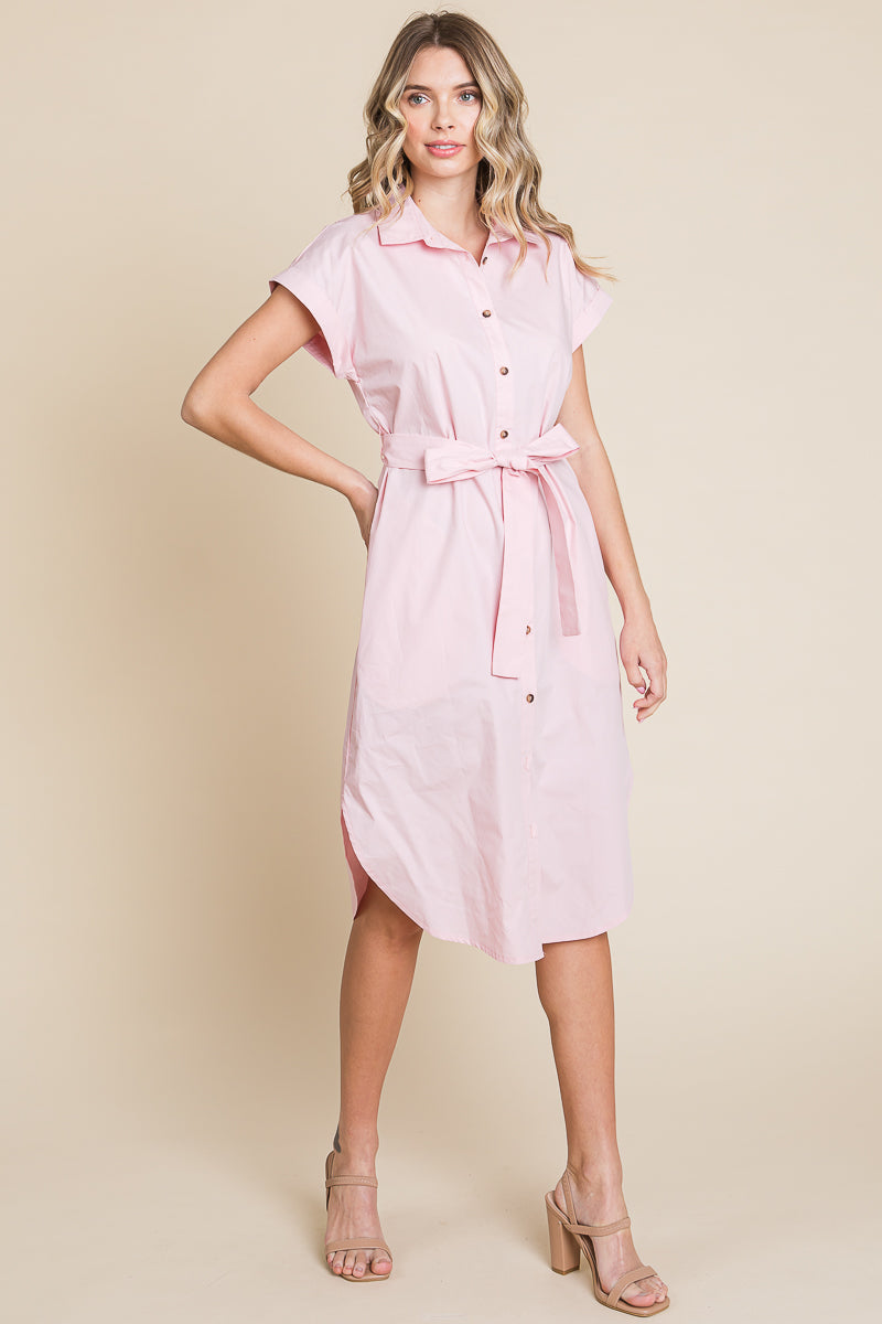 Button up Tie Waist Poplin Pocketed Shirt Dress