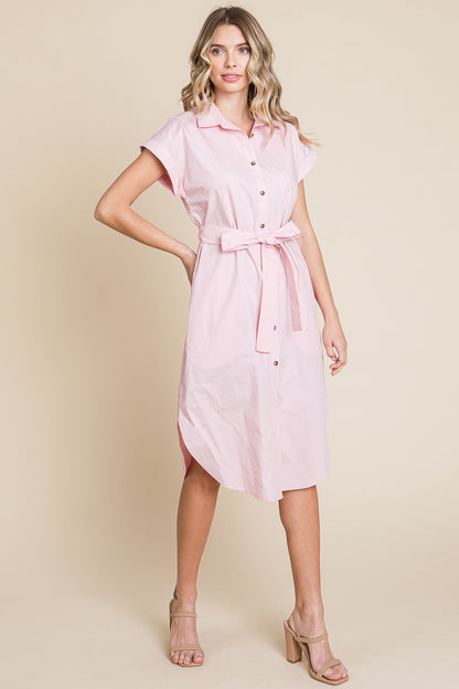 Button up Tie Waist Poplin Pocketed Shirt Dress