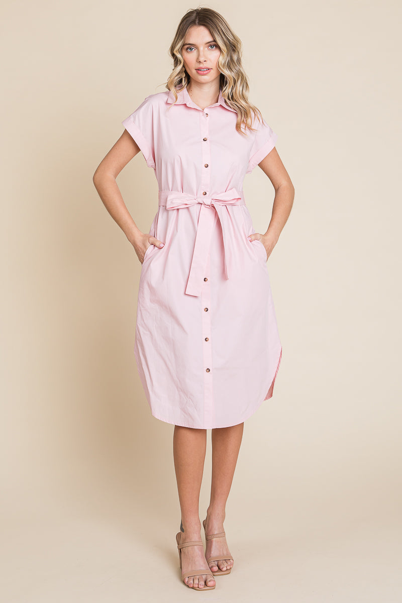 Button up Tie Waist Poplin Pocketed Shirt Dress