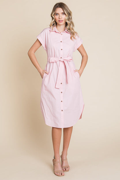 Button up Tie Waist Poplin Pocketed Shirt Dress