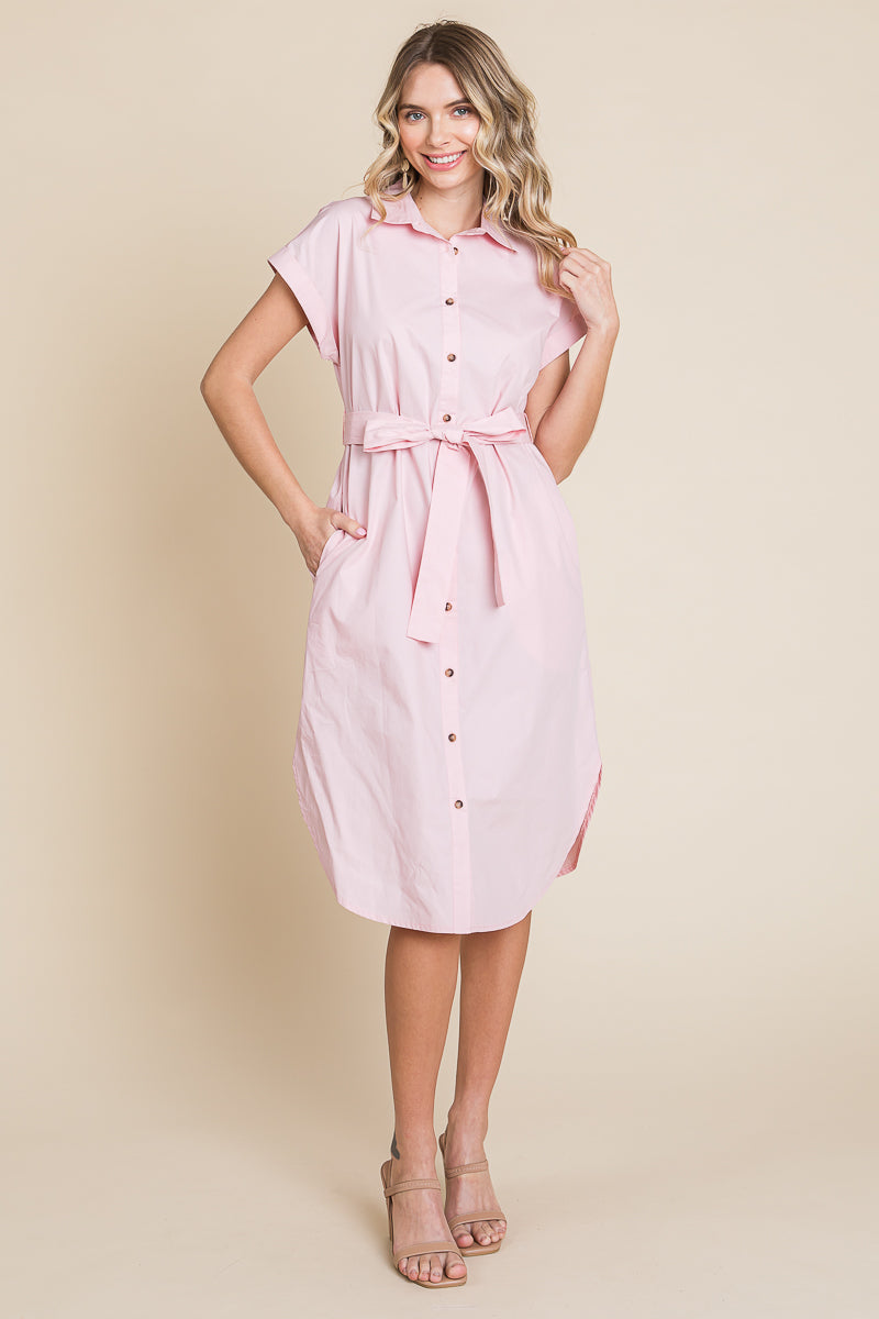 Button up Tie Waist Poplin Pocketed Shirt Dress