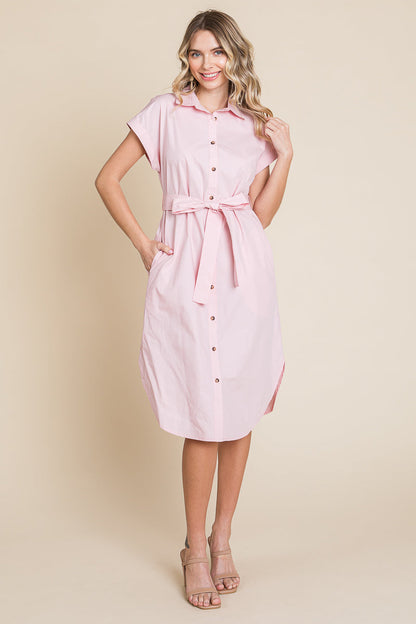 Button up Tie Waist Poplin Pocketed Shirt Dress