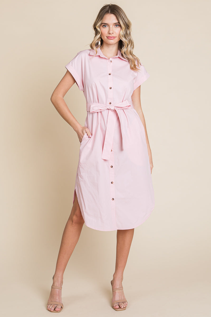 Button up Tie Waist Poplin Pocketed Shirt Dress