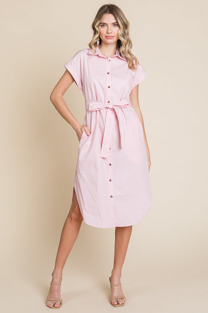 Button up Tie Waist Poplin Pocketed Shirt Dress