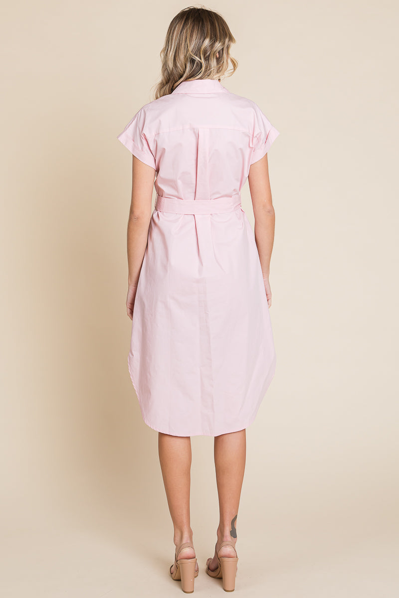 Button up Tie Waist Poplin Pocketed Shirt Dress