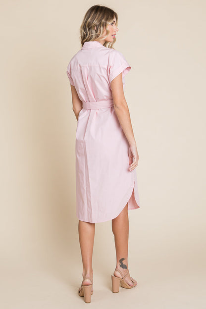 Button up Tie Waist Poplin Pocketed Shirt Dress