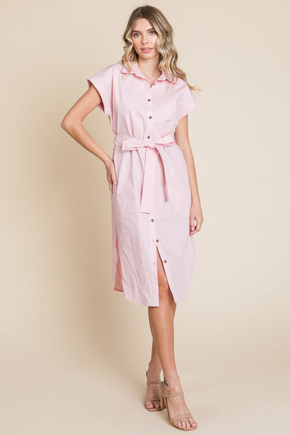 Button up Tie Waist Poplin Pocketed Shirt Dress