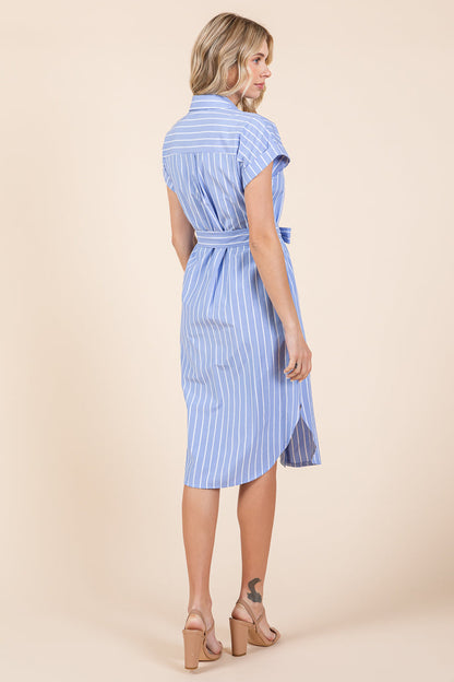 Button up Tie Waist Poplin Pocketed Shirt Dress