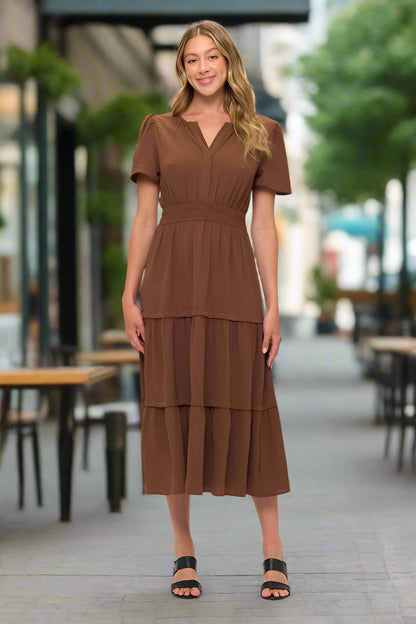 V neck Short Sleeve Layered Midi Dress