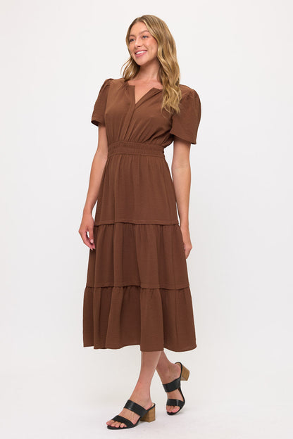 V neck Short Sleeve Layered Midi Dress